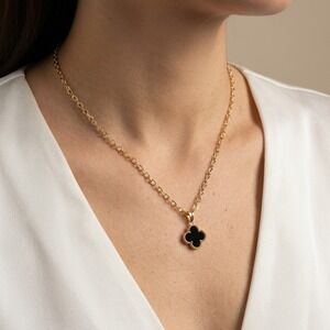 Women Necklace OS Gold Planted Black Metal Quatrefoil Classic Elegant